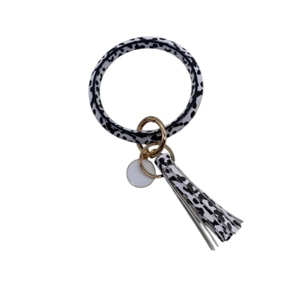 White Leopard Print Leather Tassel Bangle Keychain W/ Gold Charm & Ring Wrislet‎